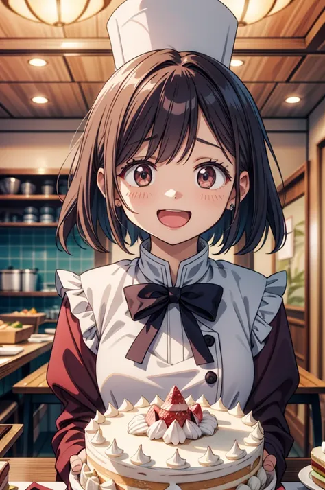 (masterpiece, ultra-detailed, best quality, clear focus, dramatic scene), (ultra-high resolution, 8k), perfect anatomy, perfect face, (detailed face, detailed eye), cute Japanese girl, she is a chef of trendy French restaurant in luxury hotel, serving, sta...