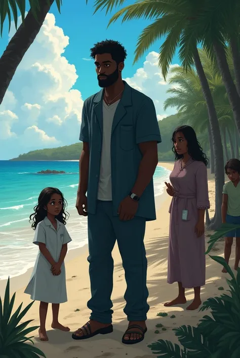  Book cover with back cover with dark tones the image has to be from afar
Make a cover on a paradisiacal beach with this character as the main character
John,  a black man with black hair ,  with a tall height .   Sad by the loss 

And the others in the ba...