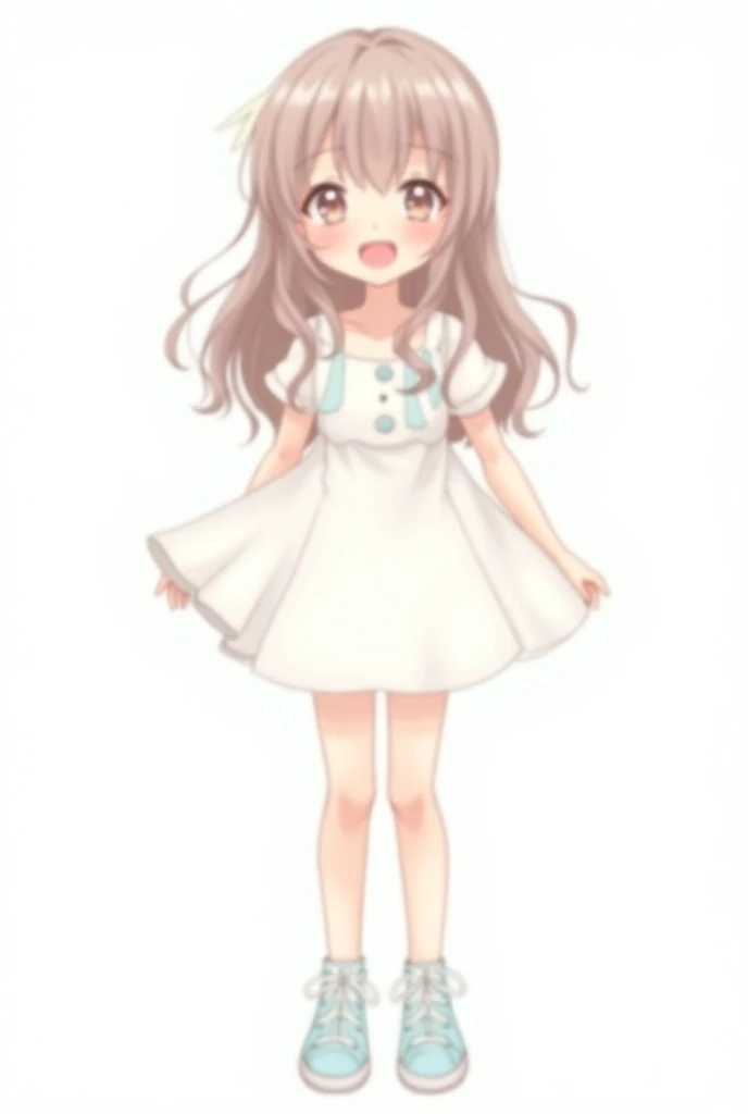   Kawaii drawing of 
Happy  girl with long hair, white knee-length dress , Fitted waist, short sleeves, Dont look too thin. image with white background. Converse All Stars sneakers booties color light blue. kawaii style. About this sketch that the girl mmw...