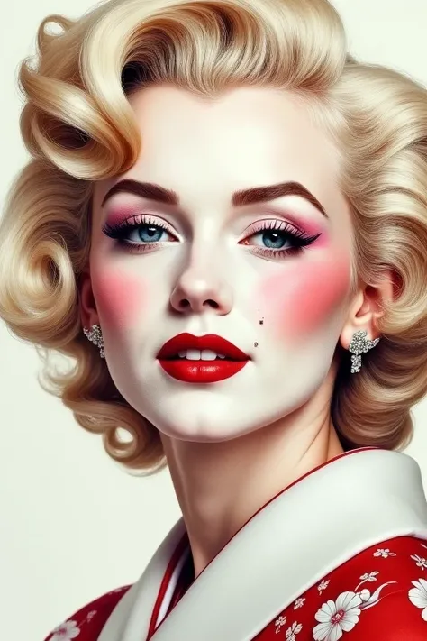 Create a close-up portrait of an Edo-period oiran dressed in the iconic look of Marilyn Monroe, blending traditional and modern beauty. The oiran’s face is painted with traditional white makeup, but her hairstyle mirrors Monroe’s famous platinum blonde cur...