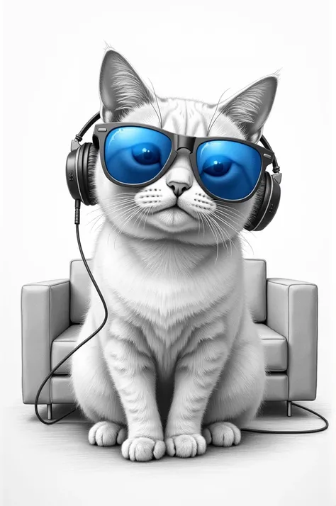 Create a realistic pencil drawing of a cat wearing blue sunglasses and headphones to listen to music. sitting on a modern sofa . realistic 