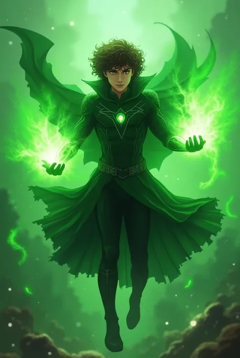 Create a teenage superhero with curly hair and brown eyes with a black and green costume and magic in his green hands alive in the midst of a war scenario in an explosion of his own magic and green spells with a green and black costume with capes he is fly...