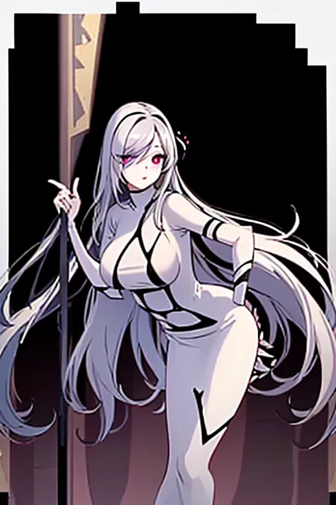 fantasmatica waifu, with a long tight white dress , by the wide, ojos morados, black lipstick, long white hair blanco, big bust ...