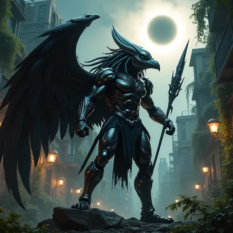 Forshortening, From Below, Depth of Field, Muscular cybernetic Yautja donned in shining chrome Crow shaped predator helmet, shining chrome predator armor, black skin, huge chromatic feathered crow wings, pointing futuristic spear, cityscape over run with j...