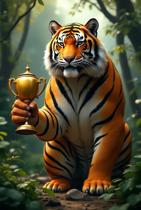 Tiger with a trophy on the side 
