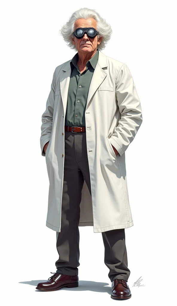  Doc Emmett Brown from Back to the Future, illustration white white coat , Welding goggles on the forehead 、The background is all white、 mad scientist style 