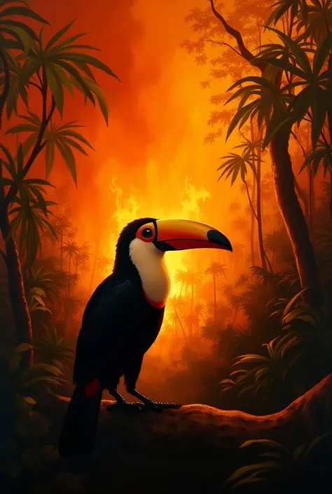 Generate a painting with a : " together we can heal the planet and save life" 
 With that theme as a jungle that burns with a toucan in the background watching with melancholy but it adds a little hope,  the painting has to be orange  (The darkest and dark...