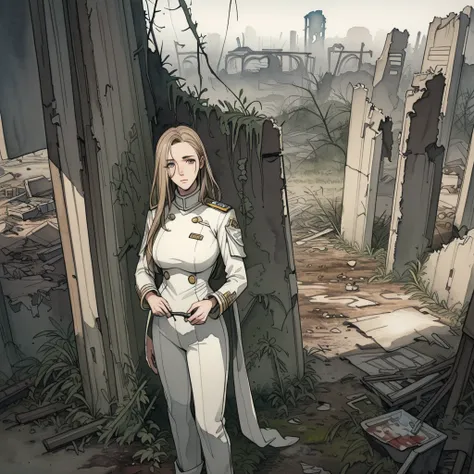 best quality, high resolution, ultra-detailed, extremely detailed, (a adult woman with long dark blonde hair standing in a wasteland wearing a white uniform),(illustration:1.1),(best quality),(masterpiece:1.1),(solo:1.2),highres,(watercolor) a post-apocaly...