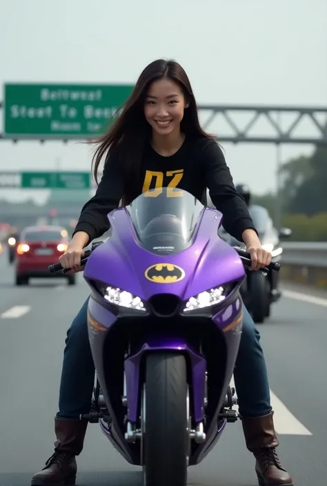  poto a young asian woman with long dark hair , smile, wearing a black sweater that reads  "DZ" gold colored,  boot jeans The woman is riding a super futuristic motorcycle with a shiny purple design and the Batman logo on the front.  Highway with a backgro...