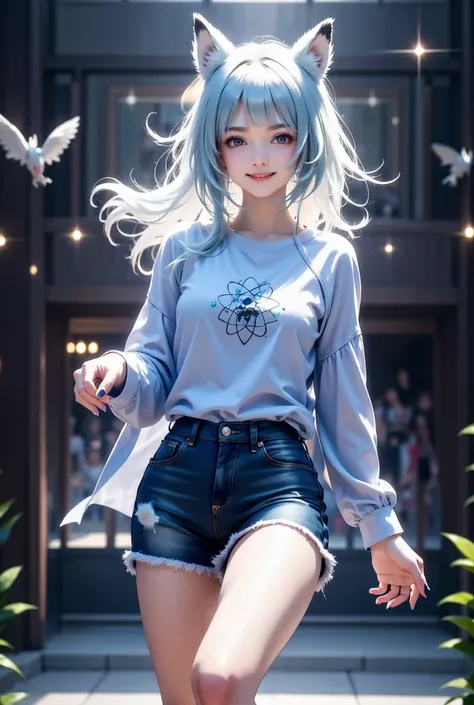  a very feminine girl :1.5, ( denim mini shorts that cover only half of the buttocks1.4), ( very tight blouse :1.3),  the shirt must have a symbol of an atom , blue color, (large breasts1 .2),  small waist , ( long and defined legs1 .1),  light blue hair ,...