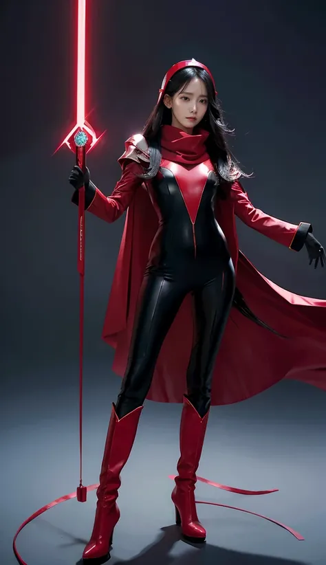 Accurate 、Full Body Photo 、Standing in her full height from head to toe 、Studio background 、 Long black hair、Yoona from SNSD 、Wearing a super tight ruby coloured zero suit 、Ruby zero boots 、Holding a double dagger with an electric effect、Ruby helmet 、Ruby ...