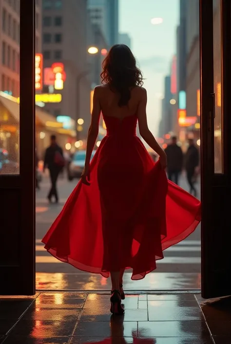   The same woman, still in her elegant red dress and heels, walks out of her apartment building and steps onto the bustling city street. The lights from the buildings reflect on the shiny pavement, creating a lively, urban atmosphere. She looks poised and ...