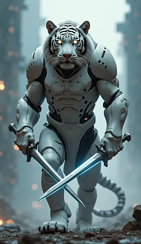 A white tiger in technological armor, equipped with dual swords (tiger body) (full body) (Realistic