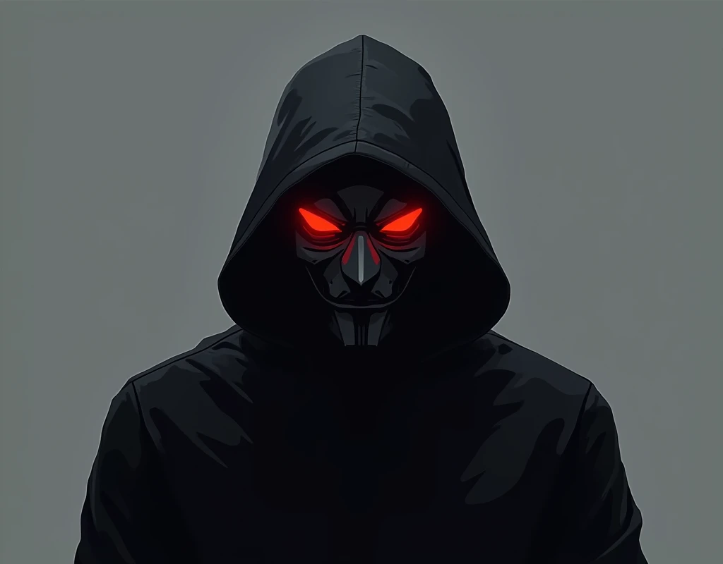  Create a logo for a profile with an anonymous mask, With one with a black hoodie,  And with red eyes
