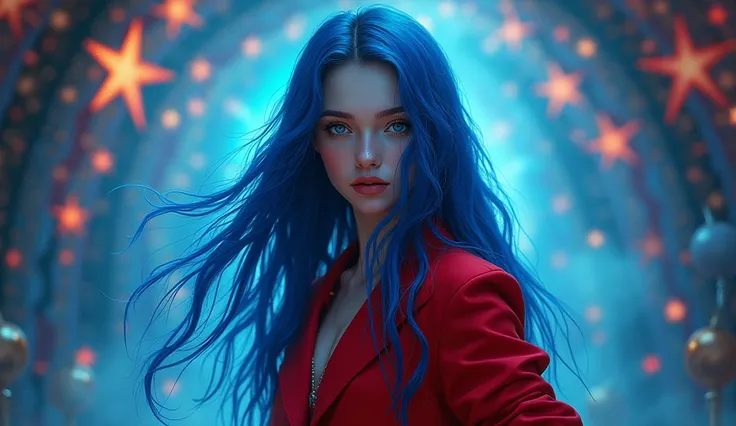 Girl deep blue hair, red clothes, posing, circus bagkground, wallpaper, magic. Blue colors