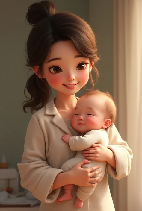 Create a realistic image of a very chubby 3-month-old male baby , being carried by a  female baby with rosy cheeks and slightly curled hair with golden threads smile on her face