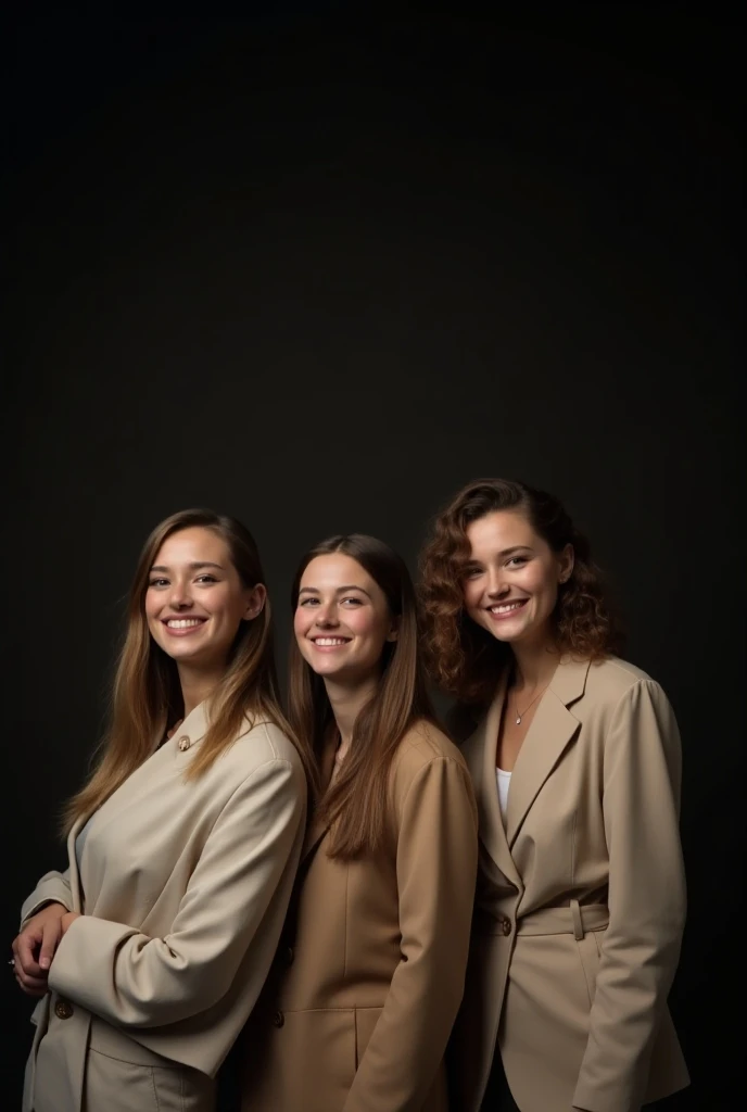 Spontaneously smiling models wearing clothes in neutral colors on a dark background with lights 