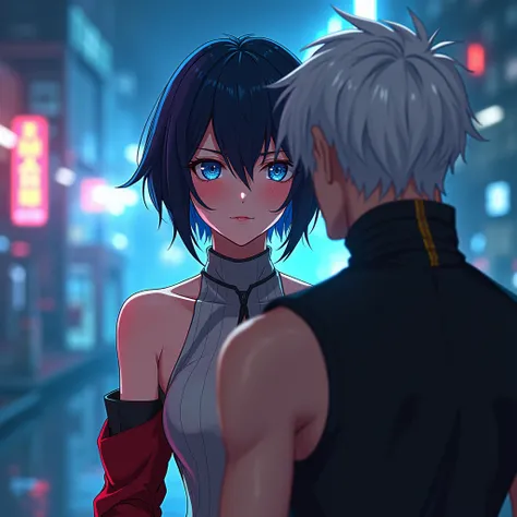  cyberpunk  edgerunners, 1 girl, Lucy ( cyberpunk ), Bare shoulders, blue eyes, chest, Leonard, Look at the audience, medium chest, Sleeveless blouse with open shoulders, Offshore, Red eyeliner, Short hair, sleeveless turtleneck Leonard,  alone , turtlenec...