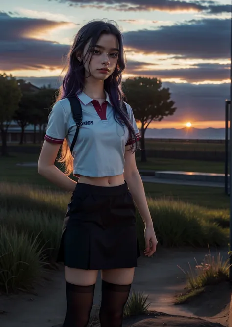 ((masterpiece)), ((best quality)), ((highres)), ((detailed background)), ((extremely detailed CG unity 8k wallpaper)), solo, gym girl body, natural lighting, sunset, ichinose kotomi, clannad uniform, blue skirt, black socks, hair ornaments, RAW UHD 8k phot...