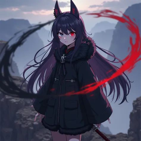 (1 girl, )anime, left eye grey, right eye red, long hair, purplish black hair, pointed ears, black furry jacket, carrying a katana, black aura, standing on a cliff, High Resolution, Best Quality, 