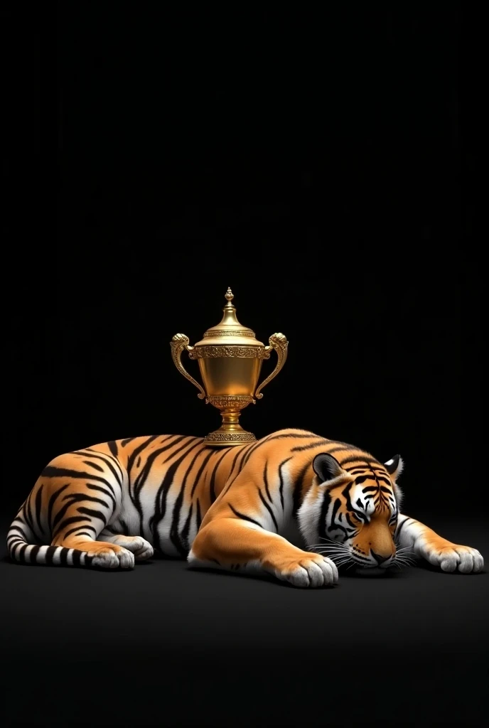 Realistic tiger sleeping ,  with a large trophy on top on a black background