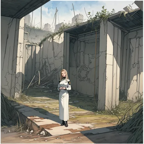 best quality, high resolution, ultra-detailed, extremely detailed, (a adult woman with long dark blonde hair standing in a wasteland wearing a white uniform),shukezouma(illustration:1.1),(best quality),(masterpiece:1.1),(solo:1.2),highres,(watercolor) a po...