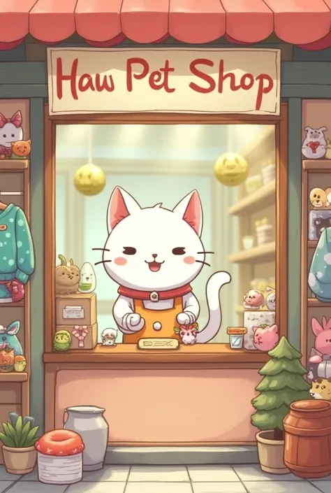 A white cat selling pet clothes and a sign that says Haru Pet Shop