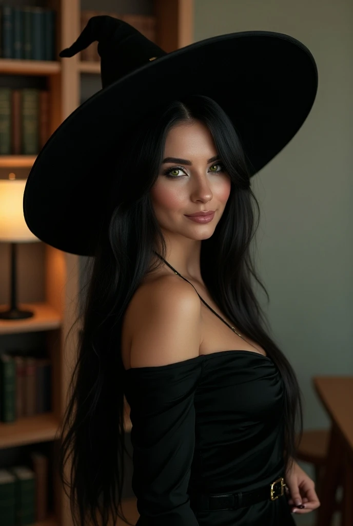  A European-type woman , with green eyes, straight and black hair ,  with a slim and curvaceous figure ,  dressed as a witch for Halloween .  She is in an office or office with a professional background ,  like bookshelves or a desk .  The woman shows a su...