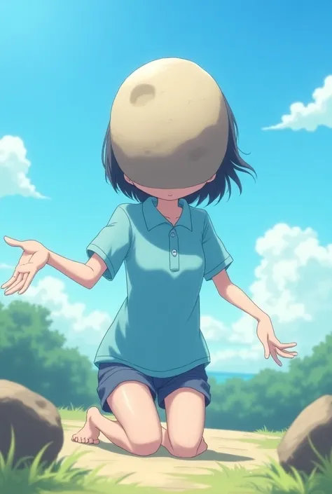 girl, anime, black short boxer, arrodillado, sky blue polo ,  with a big rock that replaces his head , with his arms outstretched ,  the big rock completely replaces his head, kneeling,  her arms make a gesture of question . Seeart ...  The girl cant see h...