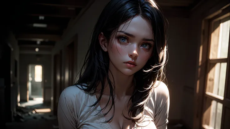 Create a close-up, hyper-realistic image of a beautiful young woman standing alone in a dark, abandoned room scared. Her flawless, pale skin contrasts against the shadows, and her long black hair, slightly tousled, falls softly over her face. Her large, pi...