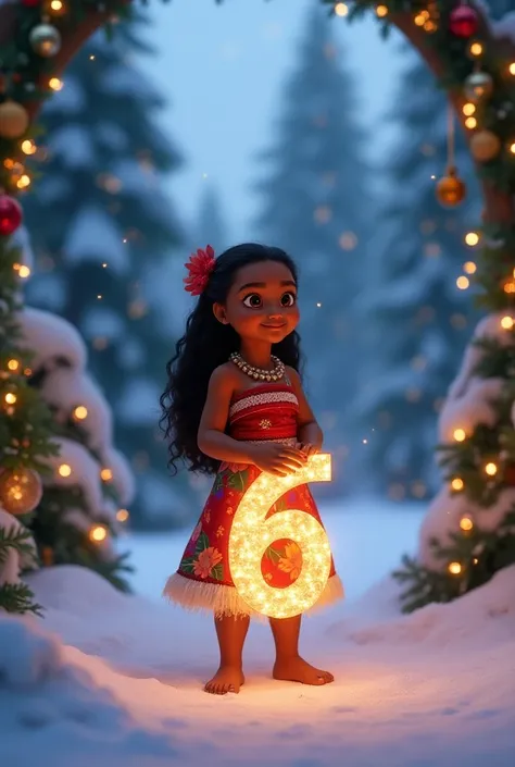 créer une image de la princesse Moana enfant, style Disney Pixar, dans un décor de Noël, qui tient un gros chiffre "6", Noël, Disney 4D