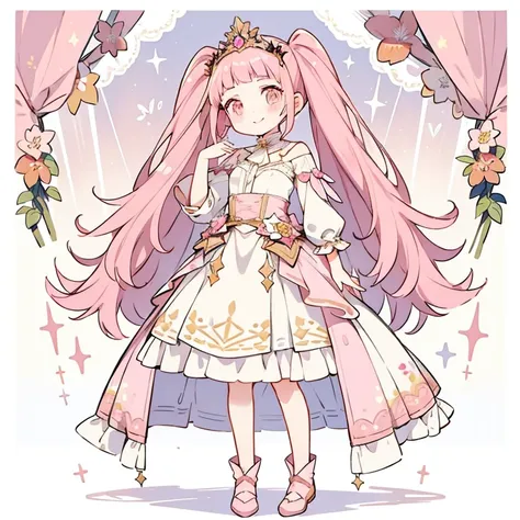 1girl in, fullllbody, character design, pink-haired prince with heart tiara, florals, star accessories, high quality, wide shot,...