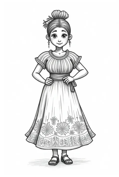 Animated pencil sketch drawing for coloring of a typical Quetzaltenango costume