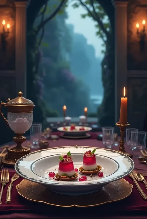 (Ultra-detailed, Fantasy Illustration with Gothic, Rich tone colors.), BREAK 
(This is an unmanned restaurant in a magical world with a medieval European tradition and worldview, where magic exists and magic and machines merge. ((landscape depicting a plate of food in the center)).), BREAK 
(On the table, a glass bowl is placed on a flat plate, pure white and trimmed with gold, on which the next appetizer is served. The two appetizers were “ruby red guava candied with lemon jellies resembling diamond drops” and “sapphire sparkling blueberry candied with yogurt mousse sprinkled with gold leaf”.)