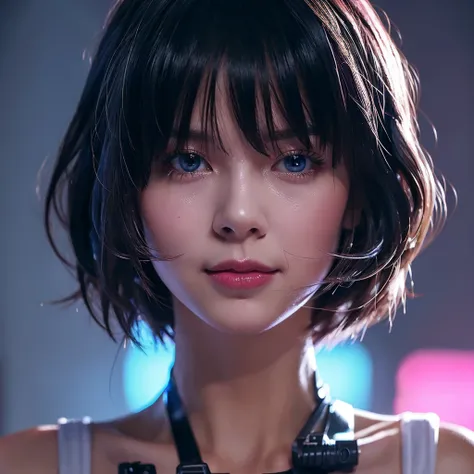  cyberpunk  edgerunners, 1 girl, Lucy ( cyberpunk ), Bare shoulders, blue eyes, chest, Leonard, Look at the audience, medium chest, เสื้อแขนเปิดไหล่, Offshore, Red eyeliner, Short hair, sleeveless turtleneck Leonard,  alone , turtleneck Leonard, White hair...