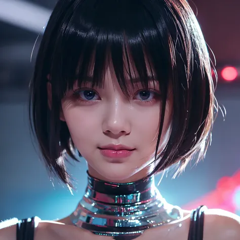  cyberpunk  edgerunners, 1 girl, Lucy ( cyberpunk ), Bare shoulders, blue eyes, chest, Leonard, Look at the audience, medium chest, เสื้อแขนเปิดไหล่, Offshore, Red eyeliner, Short hair, sleeveless turtleneck Leonard,  alone , turtleneck Leonard, White hair...