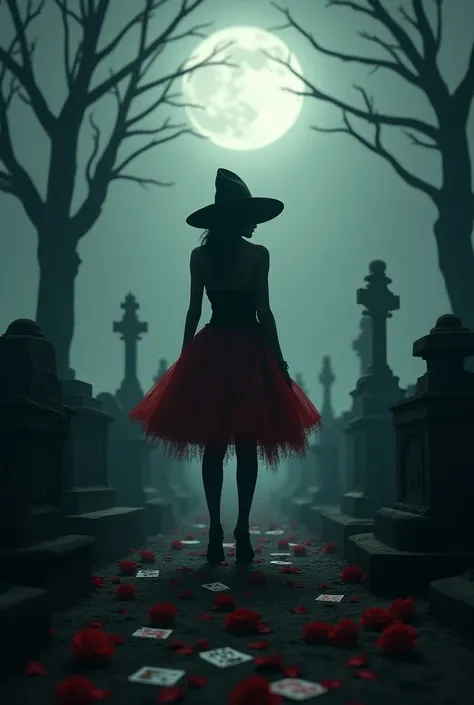  Gloomy cemetery with full moon , Saints red skirt floating on his back wearing a scoundrels hat with playing cards and red roses 