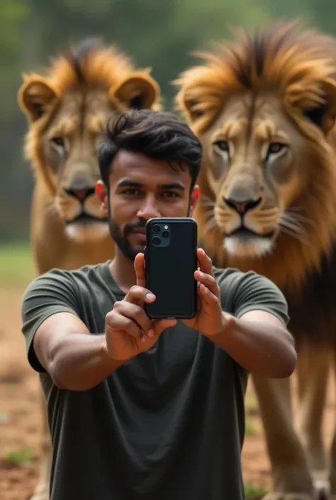 Daniel in the Lions Cove self photo taken looking at the cell phone camera image of the photo has to be taken by the cell phone a clear and sharp image and he is looking up and at the cell phone and the lion attracts him to appear in the selfie photo 