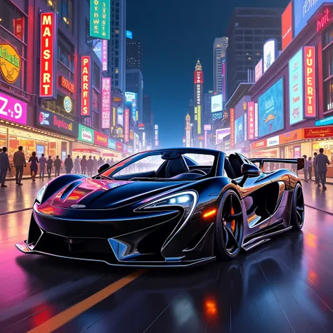  Oil painting of an elegant McLaren convertible in glossy black is parked in the center of a bustling city reminiscent of Las Vegas.  The aerodynamic lines of the car reflect the neon lights that fill the environment . Around you,  huge luminous signs in v...