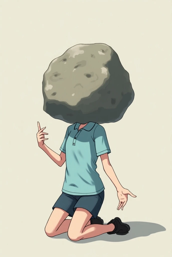 girl, anime, black short boxer, arrodillado, sky blue polo ,  with a big rock that replaces her head , with his arms outstretched ,  the big rock replaces her head completely, kneeling,  her arms make a gesture of question . Seeart ...  The girl cant see h...