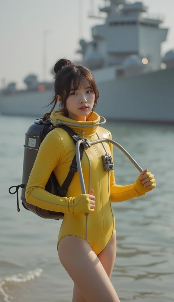 A documentary photo, Photo-realistic, ultra-realistic, (Japanese beautiful young woman, famous Japanese idol, boyish cool face:1.3), wetlook rubberish yellow warm clothes,, she is a military diver of Japan navy, experienced military diver, wearing a profes...