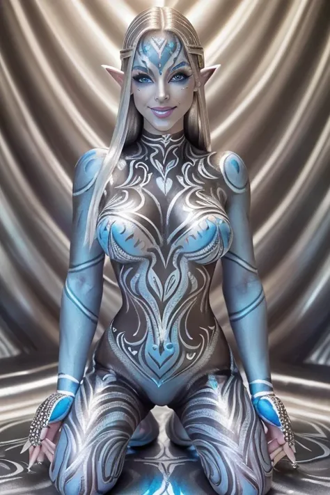 (sfw:1.3), high quality, elf, (full body silver body paint:1.5), (black gradient paint towards the tip of the arms and legs:1.1)...