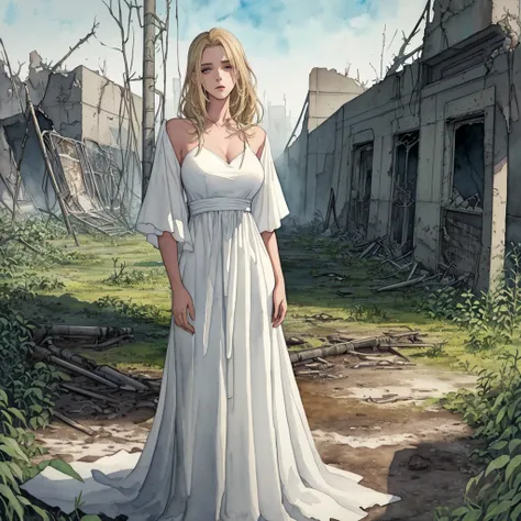 best quality, high resolution, ultra-detailed, extremely detailed, (a adult woman with long dark blonde hair standing in a wasteland wearing an all white gown),shukezouma,(best quality),(masterpiece:1.1),(solo:1.2),highres,(watercolor) a post-apocalyptic w...