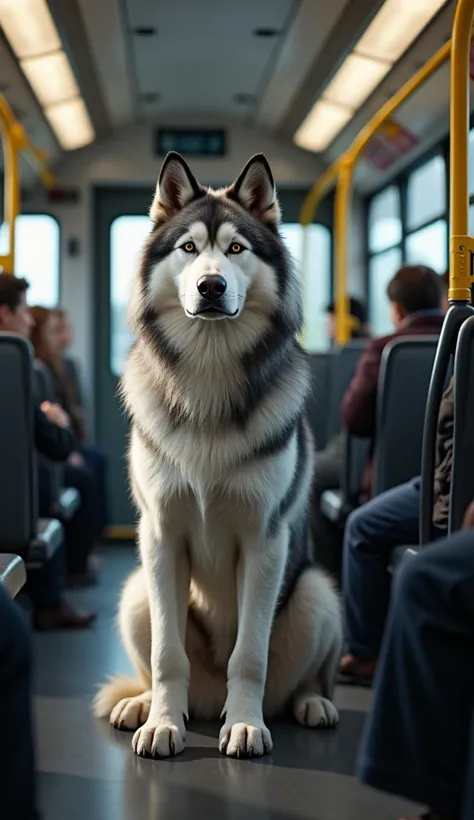 An English Alaskan Malamute dog on a bus sat next to the door. 