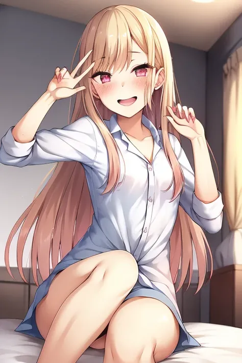 ((Best Quality)), ((masterpiece)), (be familiar with),  perfect face, indoor, bedroom,  watching viewers,
One woman, Kitagawa Marin,
Open Mouth, Ecstatic expression, blush, smile,
Small breasts,  flat chest, , , , Girl,
Long Hair,  long hair,
Leg spread,