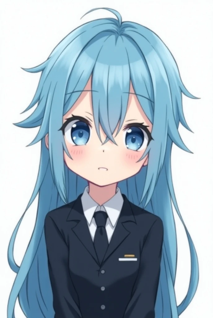  boy 2D anime version ,  with sky blue hair ,  Long and straight , blue eyes and eyebrows ,  wearing black school uniform
