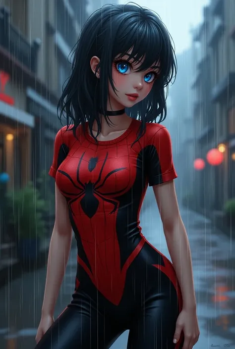 in anime 2.5D rainy oily atmosphere animation style 2 .5D manga niji6 strong traits oil ink art super details in art jinx  +  Spider-Girl in a tight t-shirt sexy red black with full blue eyes in reality style photo realism maximum quality details super gra...