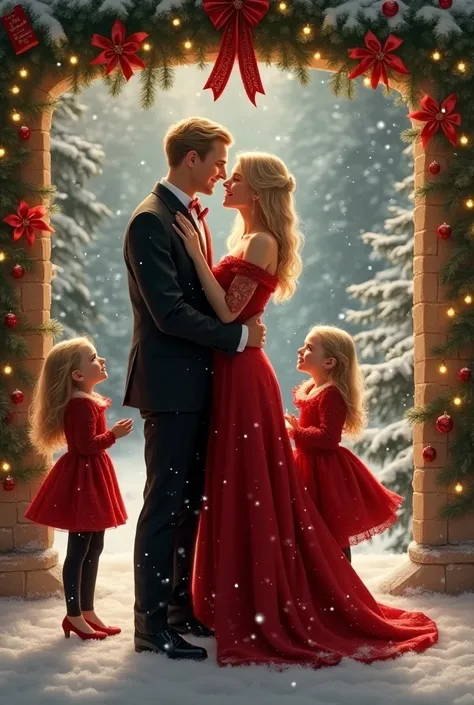  a white couple, Rubios, Christmas decoration under the mistletoe, snow,  with two girls by his side, Under mistletoe , elegant, rico, Frashionist , red clothing