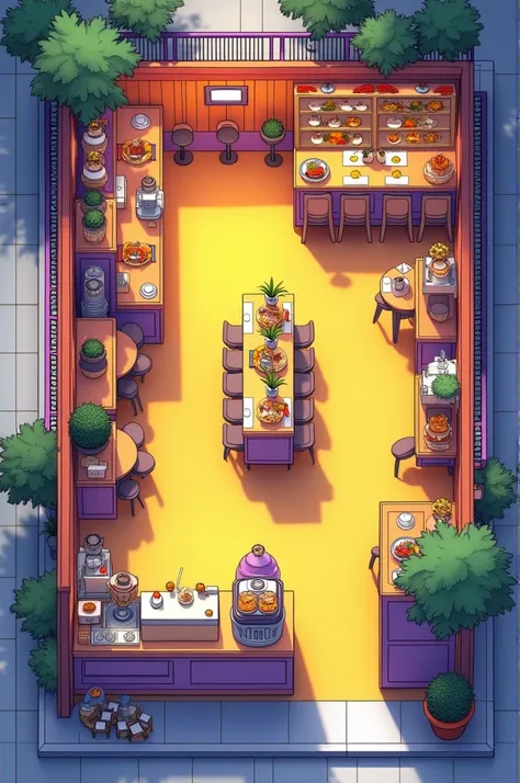 Make a Floor plan for food stall restaurant the theme is yellow and purple blue