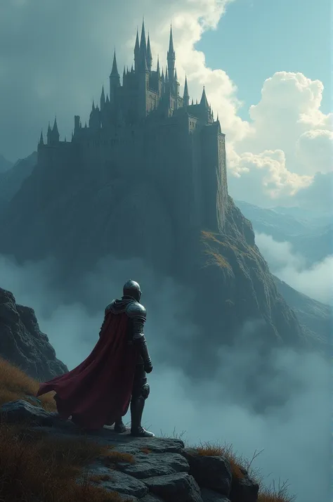 Dark fantasy middle ages with a knight and a castle on top of a very high mountain far away 